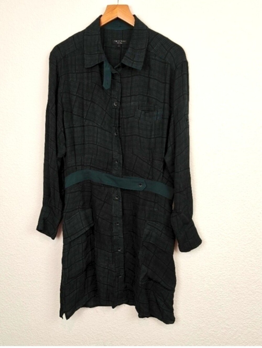 Rag & Bone Somerset 100% Silk Plaid Shirt Dress | Green Belted Luxury Mini Sz 4